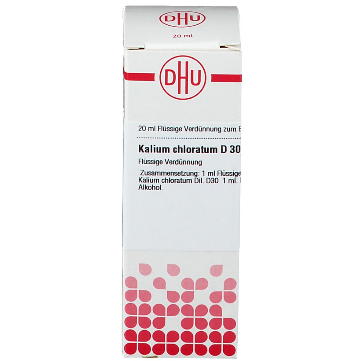 Kartonverpackung mit Produktinformationen. Aufschrift: DHU, Kalium chloratum D30. Flasche mit Tropfverschluss.