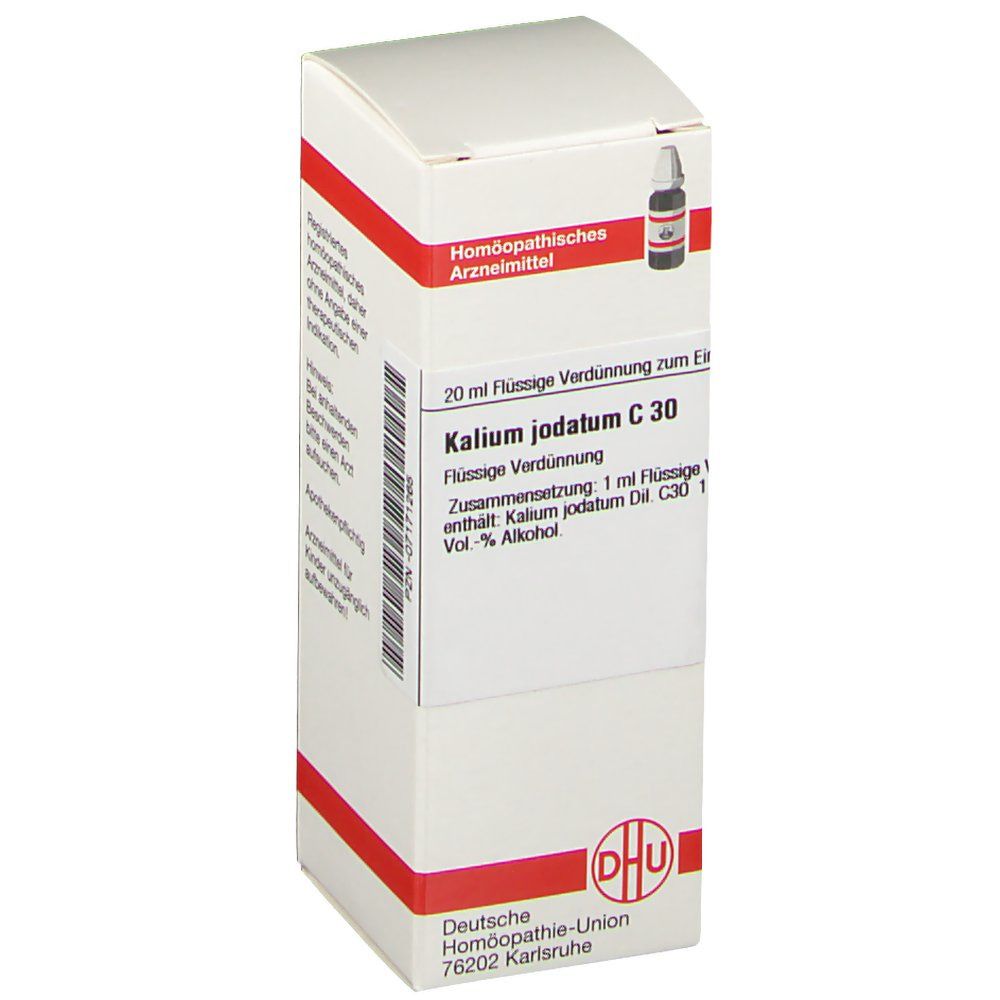 Weiße Faltschachtel mit roter Umrandung. Aufdruck: Kalium jodatum C 30, DHU Logo. Homöopathisches Arzneimittel.