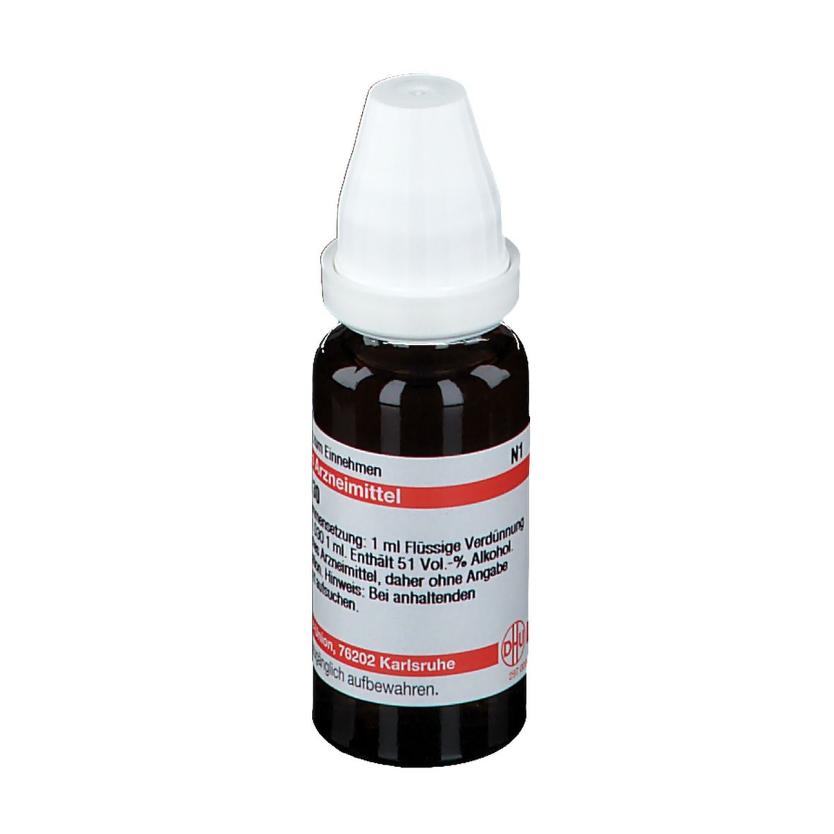Braune Glasflasche mit weißem Verschluss. Etikett mit Text: DHU Kalium nitricum D 30. Homöopathisches Arzneimittel.