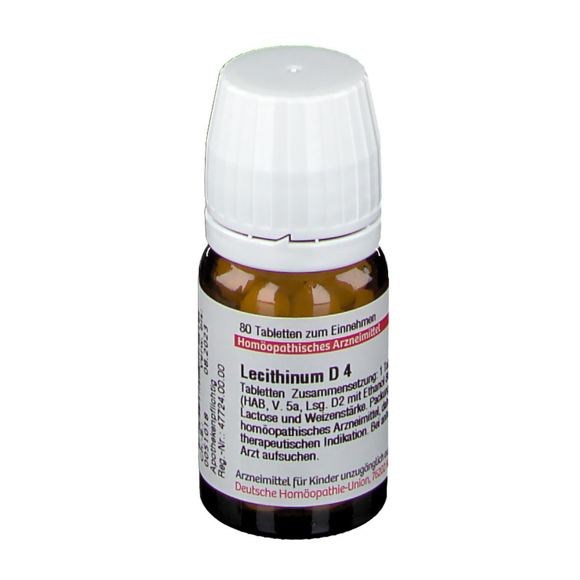Braune Glasflasche mit weißem Deckel. Aufschrift: Lecithinum D4, 80 Tabletten. Homöopathisches Arzneimittel.