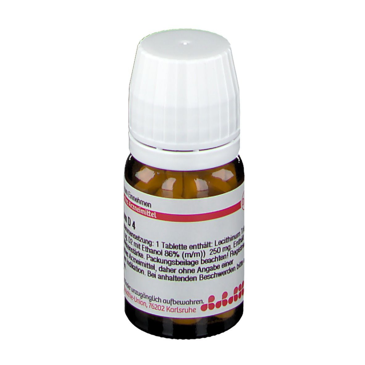 Braune Glasflasche mit weißem Deckel. Aufschrift: Lecithinum D4. Etikett mit Produktinformationen und roter Schrift.