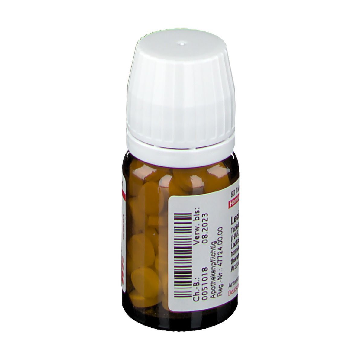 Braune Glasflasche mit weißem Deckel, gefüllt mit gelben Tabletten. Aufschrift: Lecithinum D4. Verfallsdatum 08.2023.