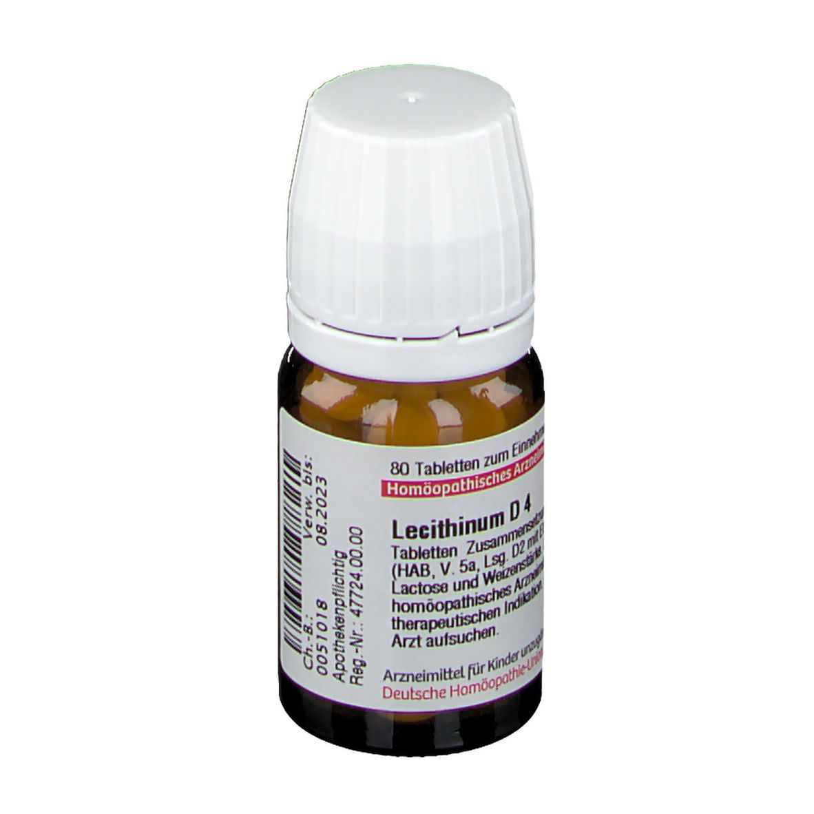 Braune Glasflasche mit weißem Deckel. Aufschrift: Lecithinum D4, 80 Tabletten. Etikett mit Produktinformationen.