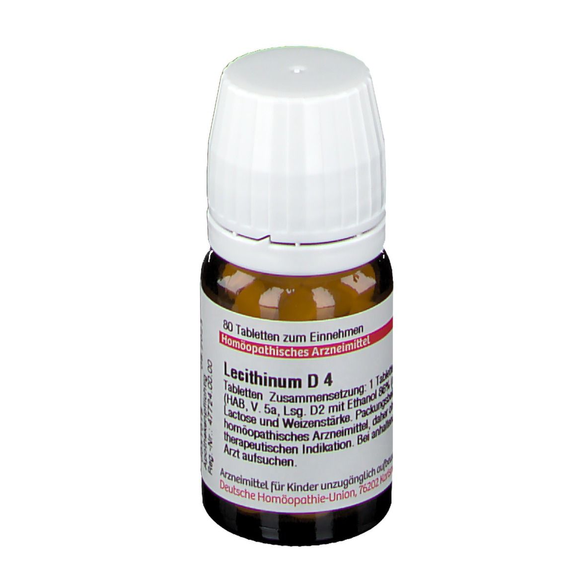 Braune Glasflasche mit weißem Deckel. Aufschrift: Lecithinum D4, 80 Tabletten. Etikett mit Produktinformationen.