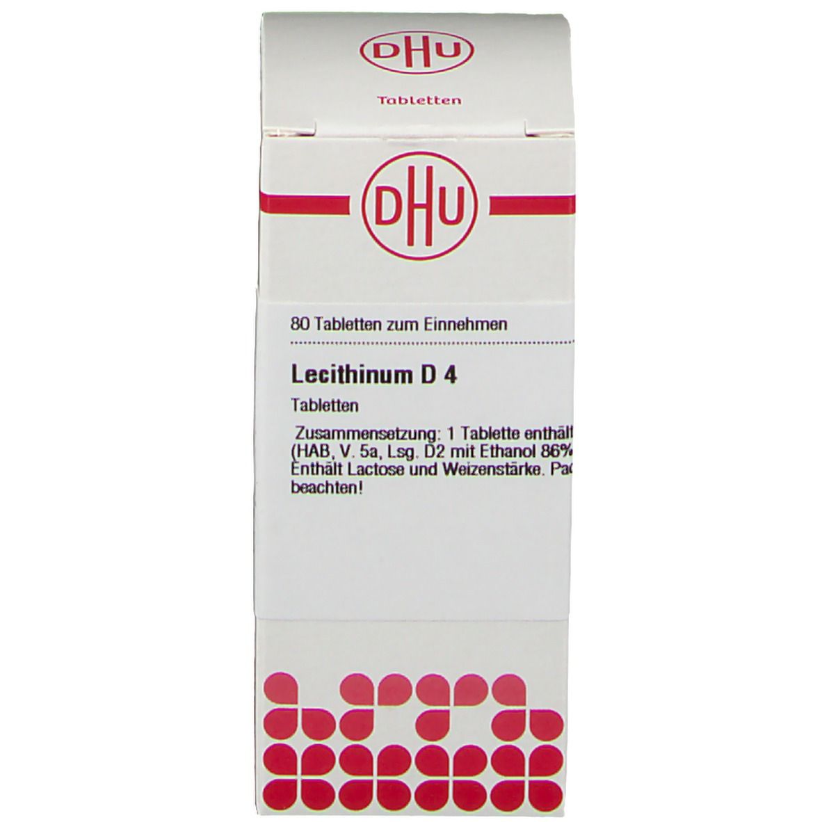 Produktverpackung. Aufschrift: DHU, Lecithinum D4, 80 Tabletten. Weißer Karton mit rotem Logo und Text.