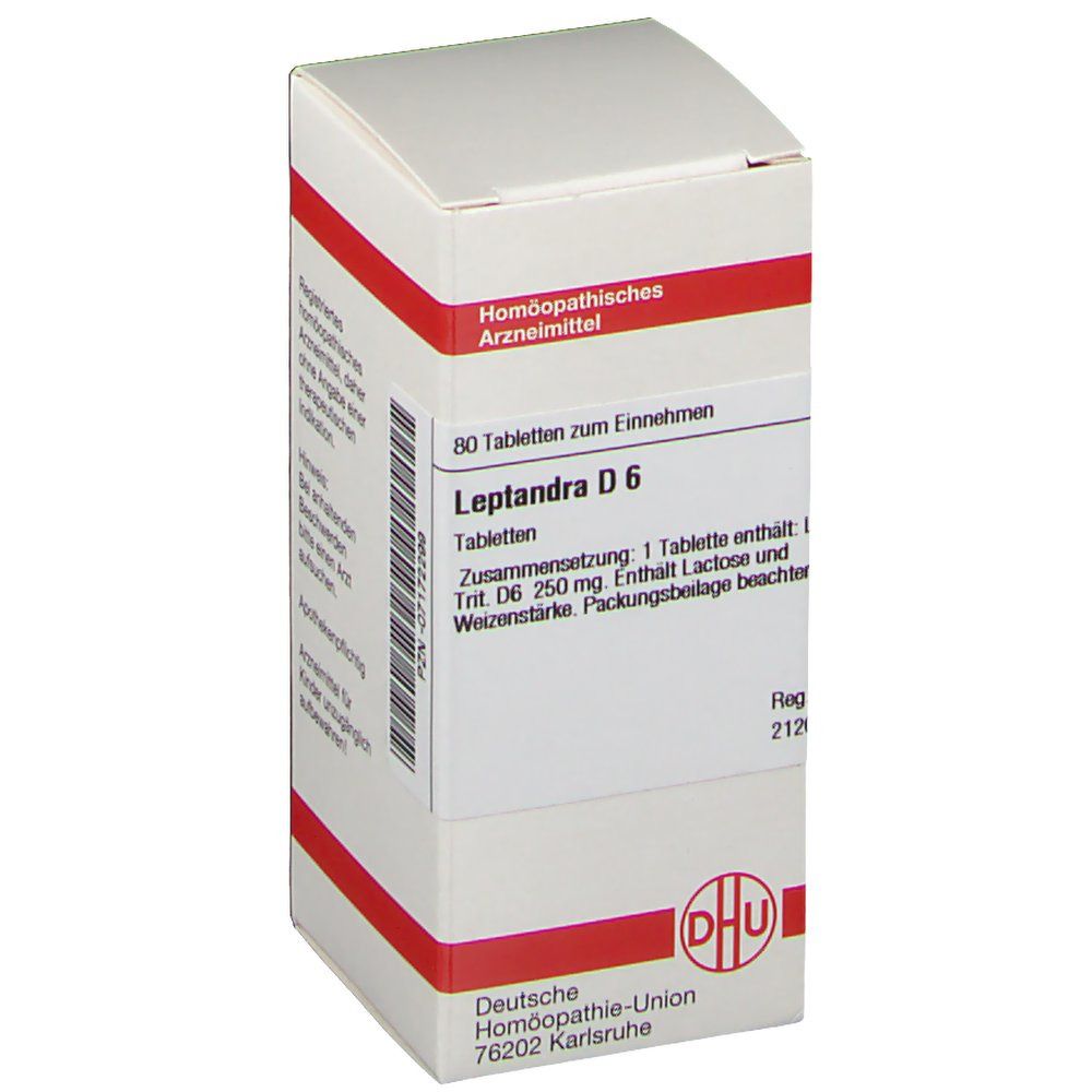 Weiße Schachtel mit rotem Streifen. Aufschrift: Leptandra D6, 80 Tabletten zum Einnehmen. DHU-Logo.