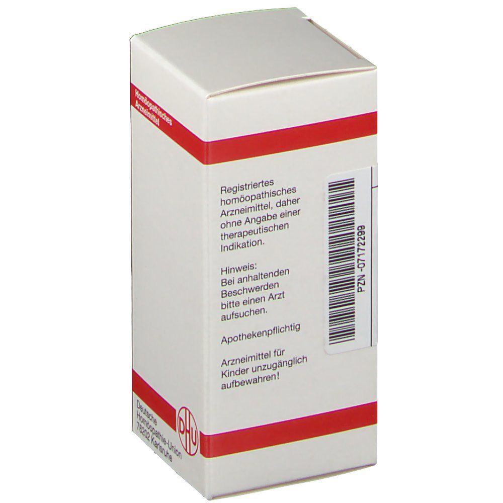 Weiße Schachtel mit rotem Streifen. Aufschrift: Apothekenpflichtig. DHU-Logo.