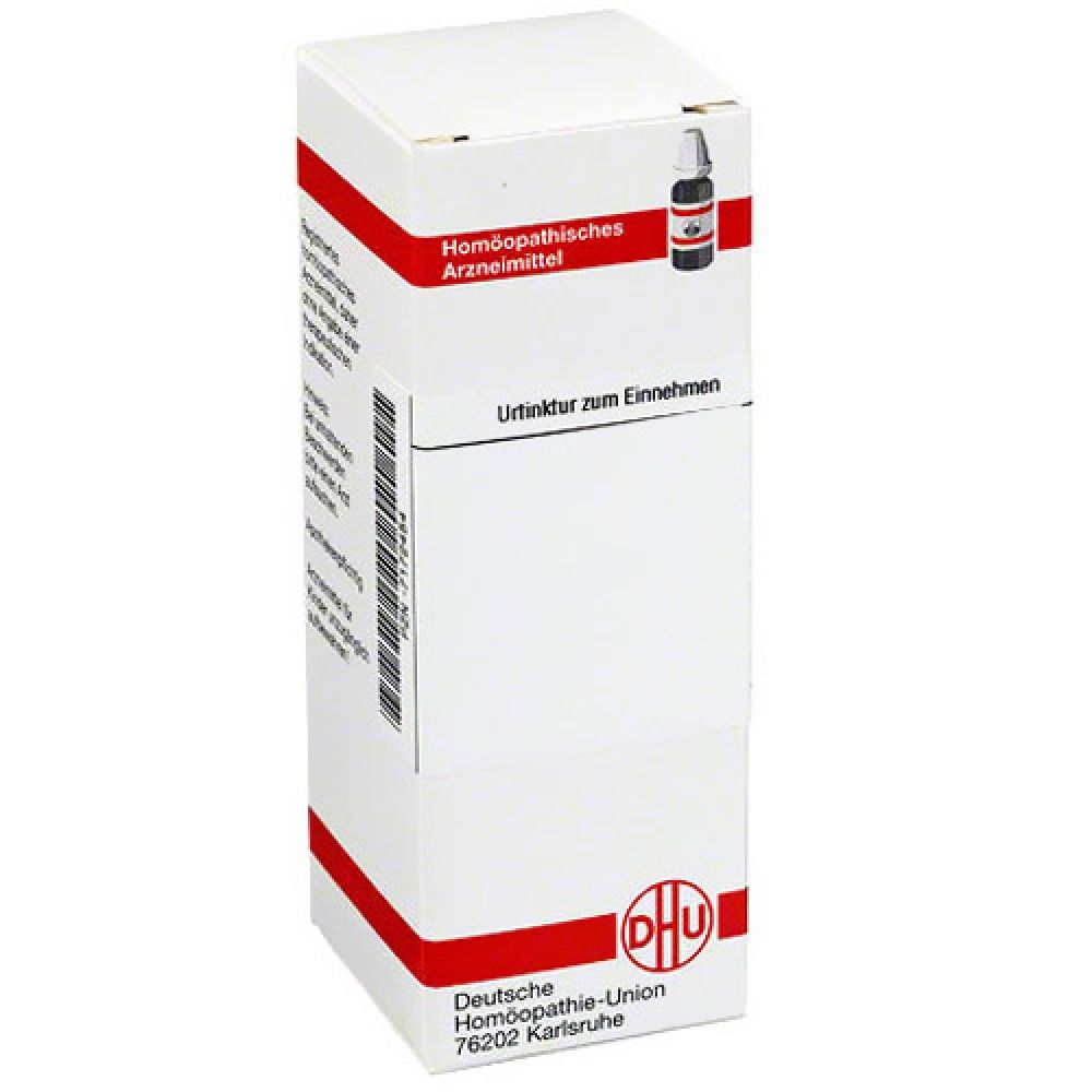 Weiße Faltschachtel mit roter Linie und Logo. Enthält eine kleine Flasche. Text: Homöopathisches Arzneimittel.