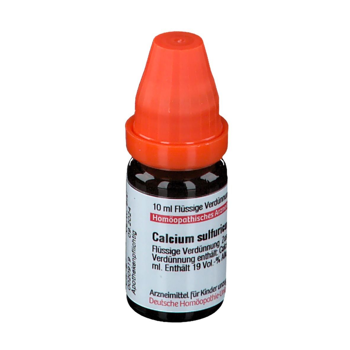 Braune Glasflasche mit orangefarbenem Verschluss. Etikett mit Produktinformationen: Calcium sulfuricum, 10 ml.