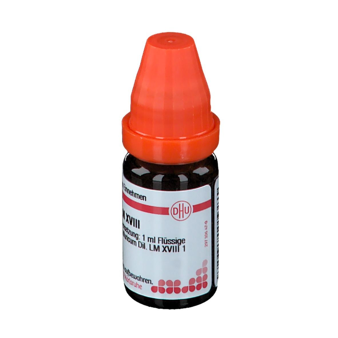 Braune Glasflasche mit orangefarbenem Verschluss. Etikett mit Produktinformationen: DHU, LM XVIII, 1 ml.