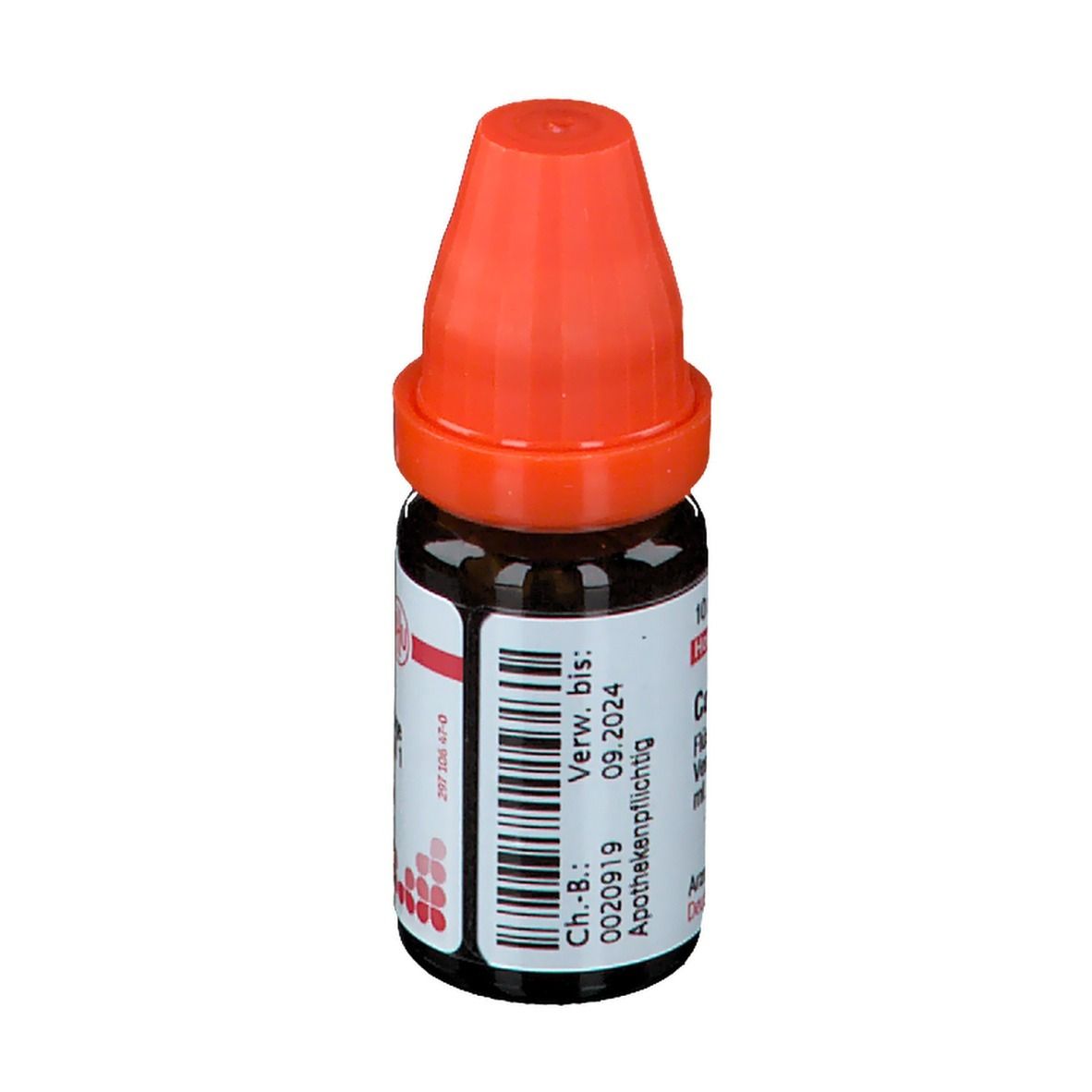 Braune Glasflasche mit orangefarbenem Verschluss. Etikett mit Barcode und Verfallsdatum: 09.2024.