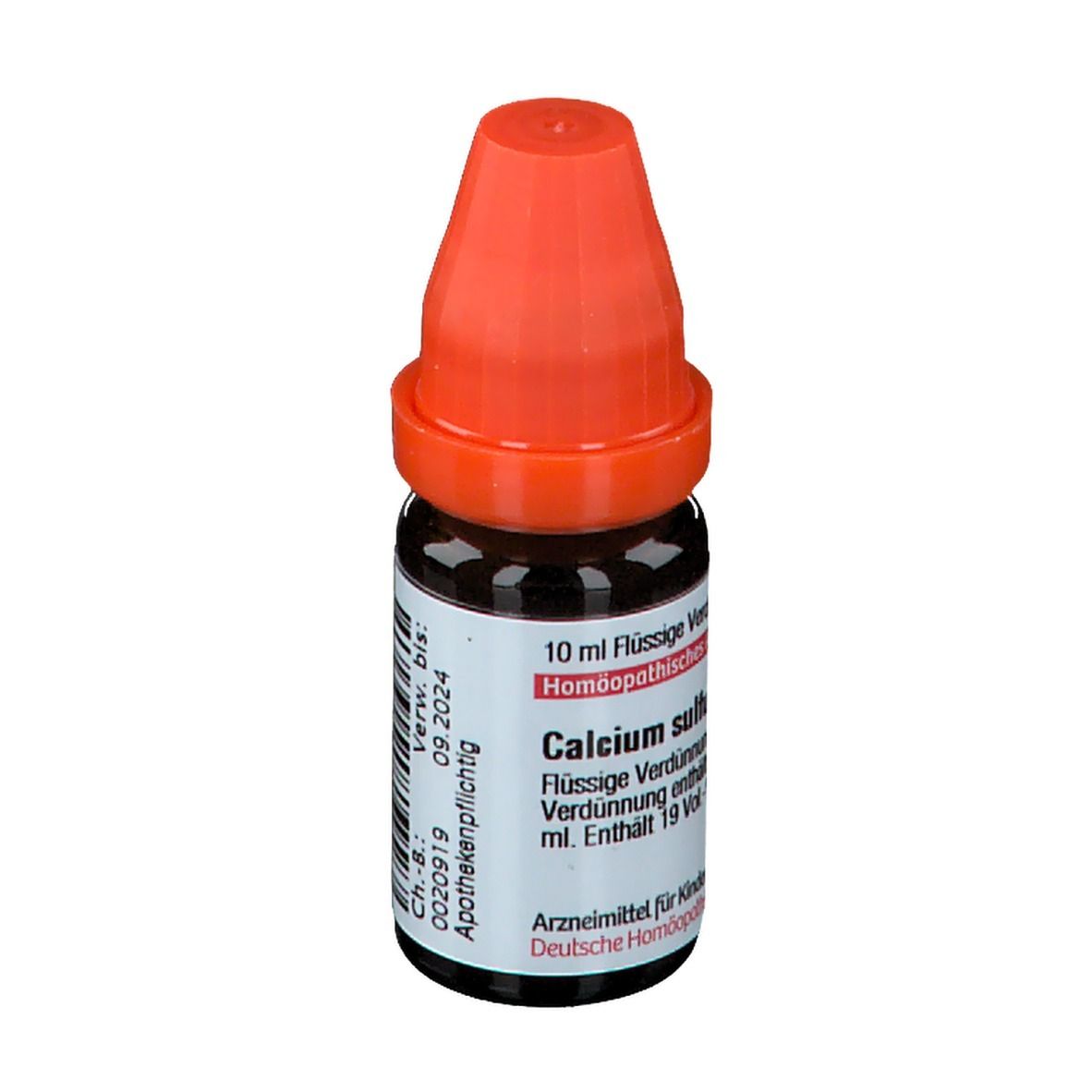 Braune Glasflasche mit orangefarbenem Verschluss. Etikett mit Produktinformationen: Calcium sulfuricum, 10 ml.