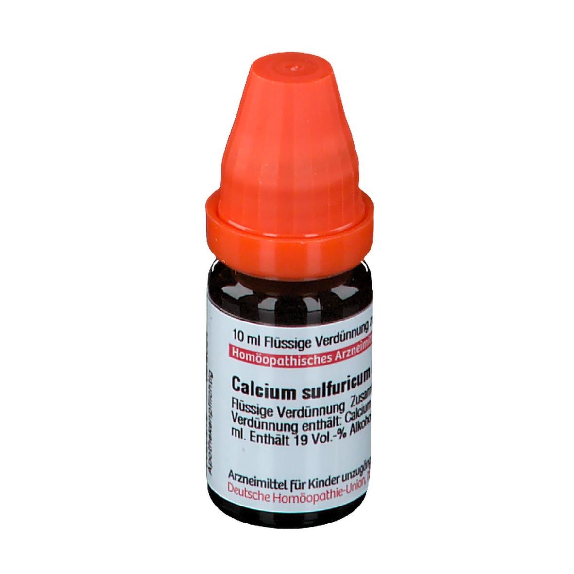 Braune Glasflasche mit orangefarbenem Verschluss. Etikett mit Produktinformationen: Calcium sulfuricum, 10 ml.