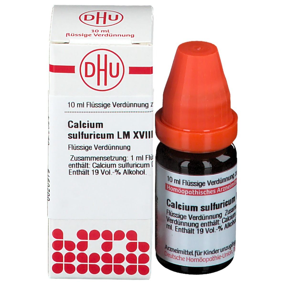 Braune Glasflasche mit orangefarbenem Verschluss neben einer weißen Verpackung. Produktname: Calcium sulfuricum.
