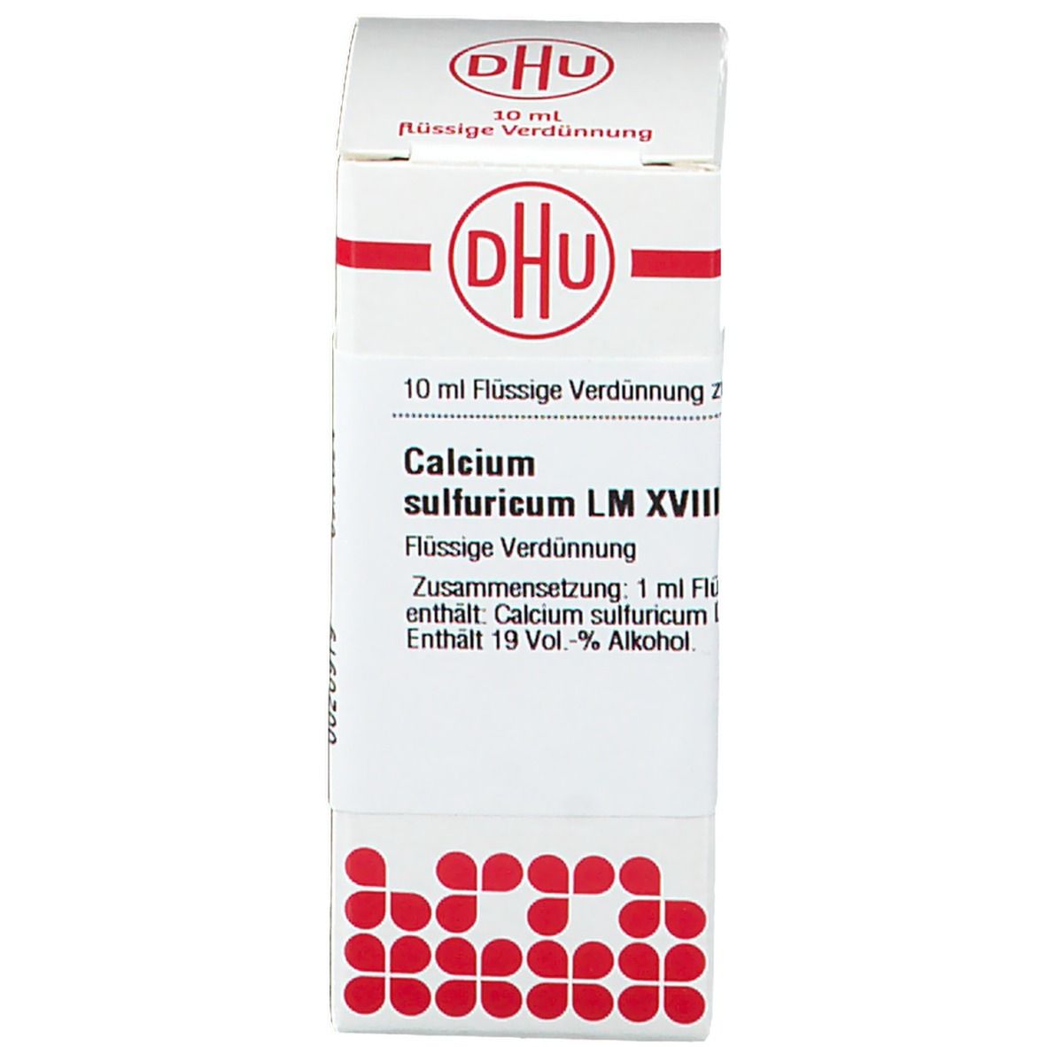 Weiße Verpackung mit Produktinformationen und DHU-Logo. Produktname: Calcium sulfuricum LM XVIII.