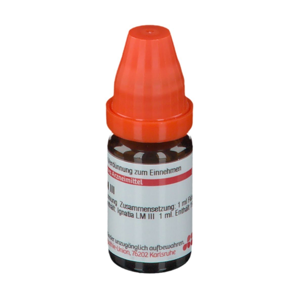 Braune Glasflasche mit orangefarbenem Verschluss. Beschriftung: Ignatia LM III, Verdünnung zum Einnehmen.