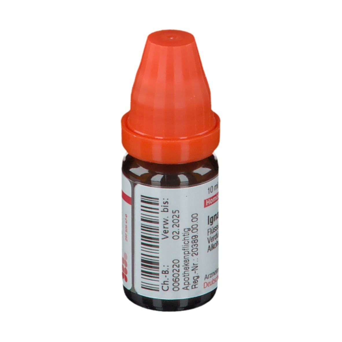 Braune Glasflasche mit orangefarbenem Verschluss. Beschriftung: Ignatia LM III, Verwendbar bis 02.2025.