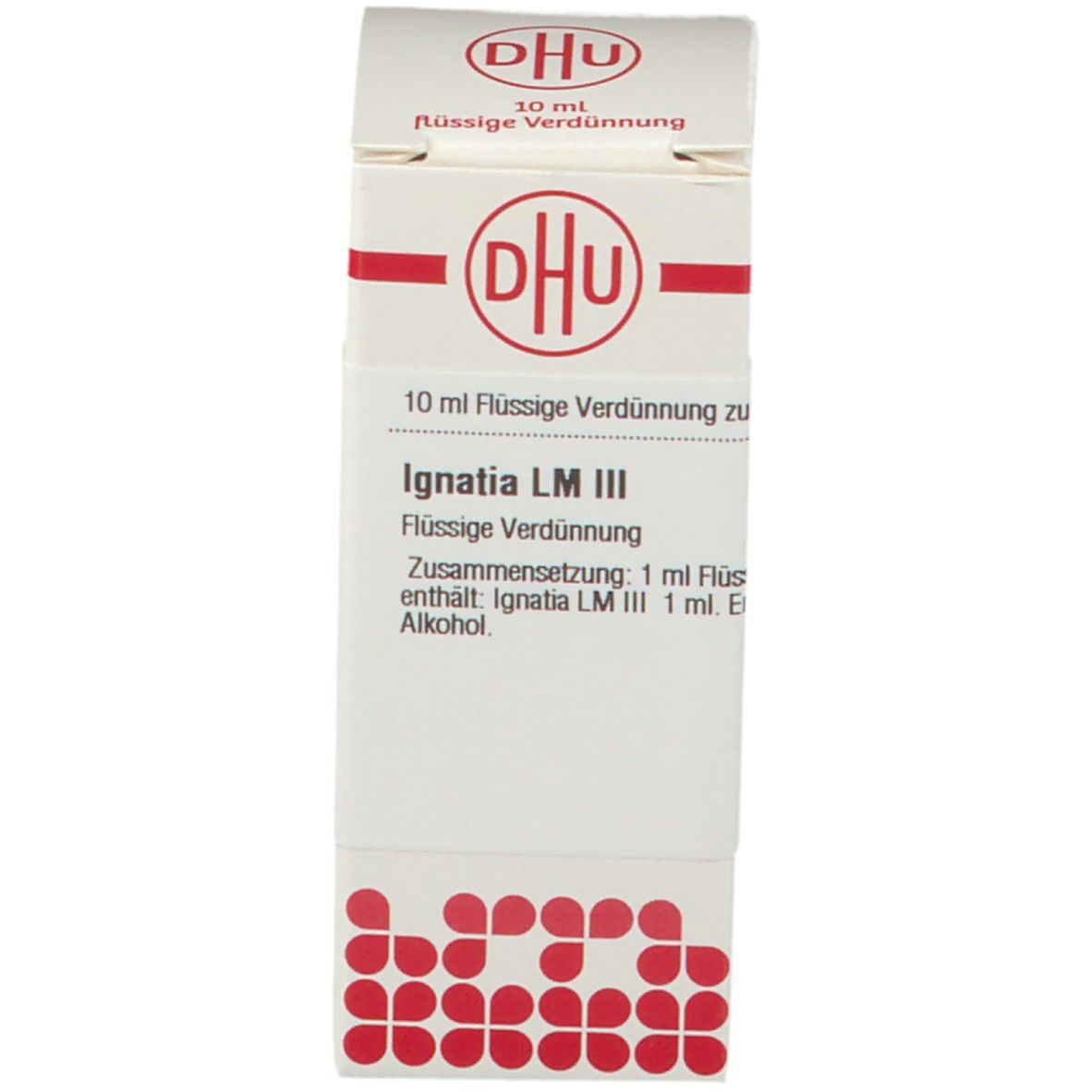 Weiße Schachtel mit rotem Logo und Beschriftung: DHU, Ignatia LM III, 10 ml Flüssige Verdünnung.