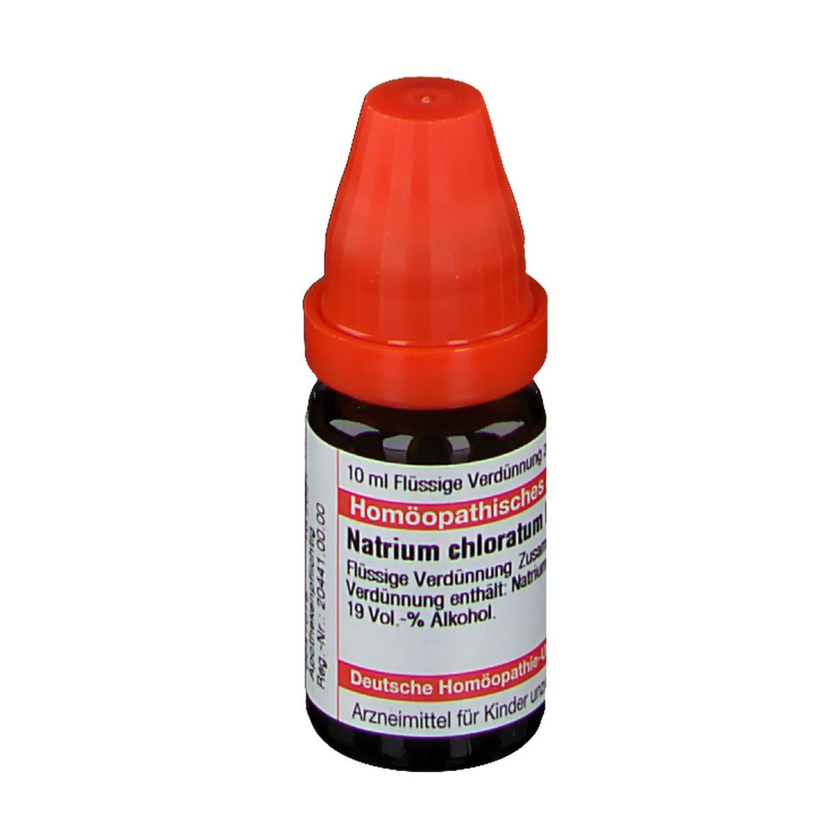 Braune Glasflasche mit rotem Verschluss. Etikett mit Text: Natrium chloratum LM I. Deutsche Homöopathie-Union.