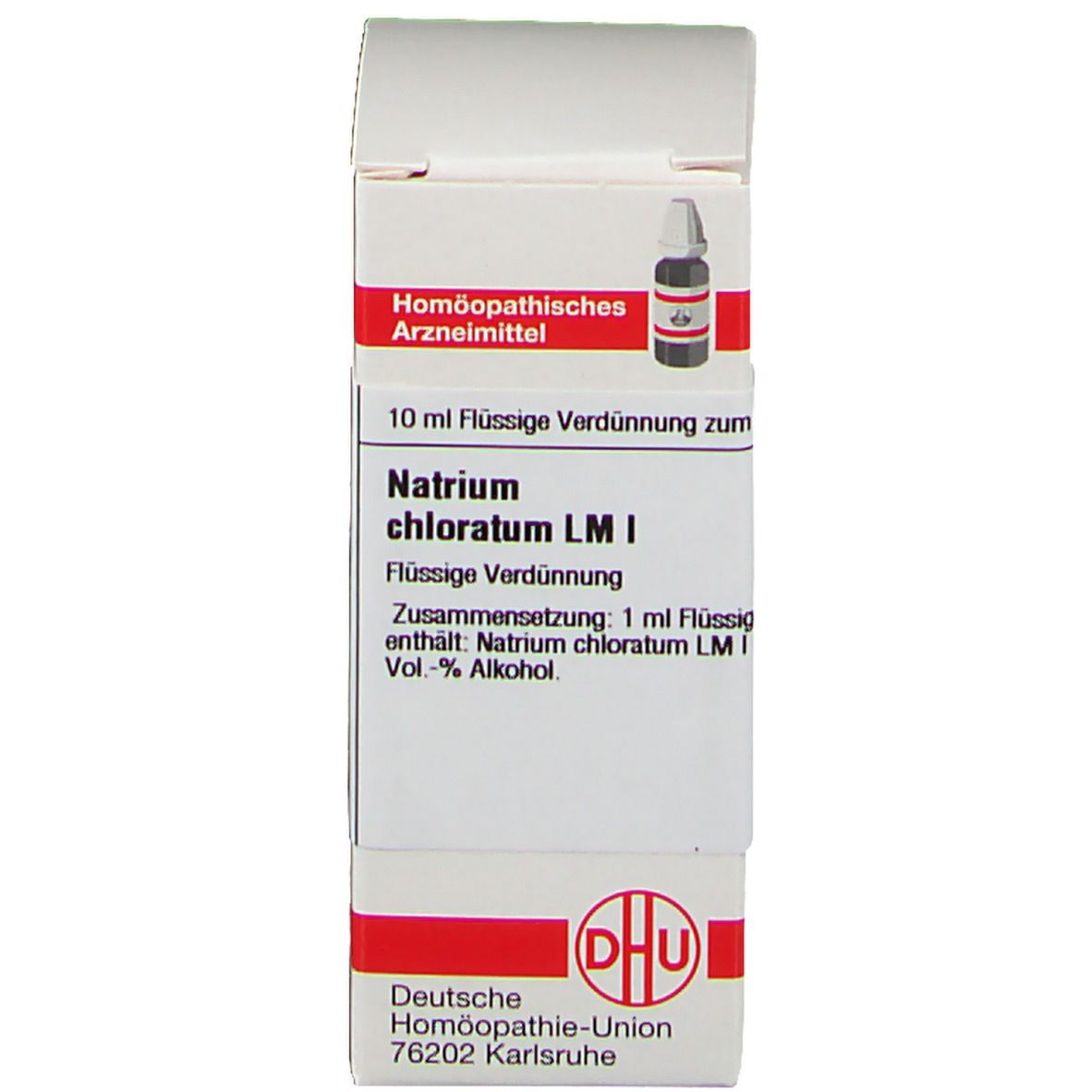 Produktverpackung. Etikett mit Text: Natrium chloratum LM I. Deutsche Homöopathie-Union.