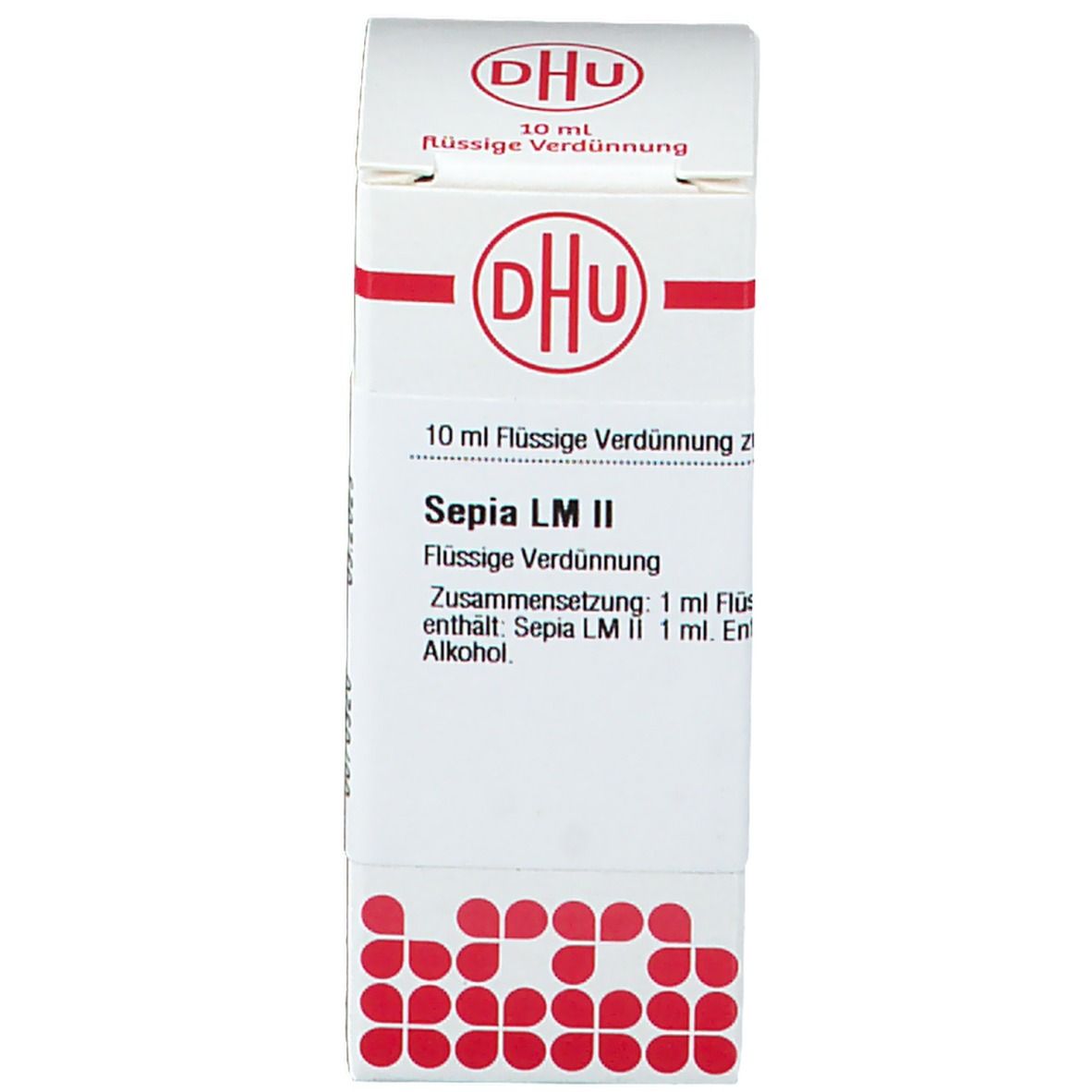 Faltschachtel und braune Glasflasche mit orangefarbenem Verschluss. Beschriftung: DHU, Sepia LM II, 10 ml Flüssige Verdünnung.