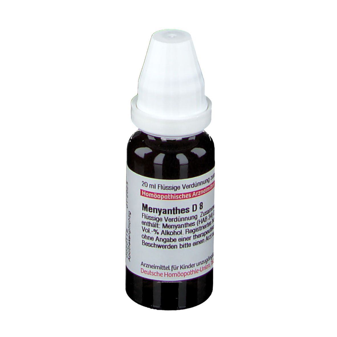 Braune Glasflasche mit weißem Verschluss. Etikett mit Produktinformationen: Menyanthes D8, 20 ml.