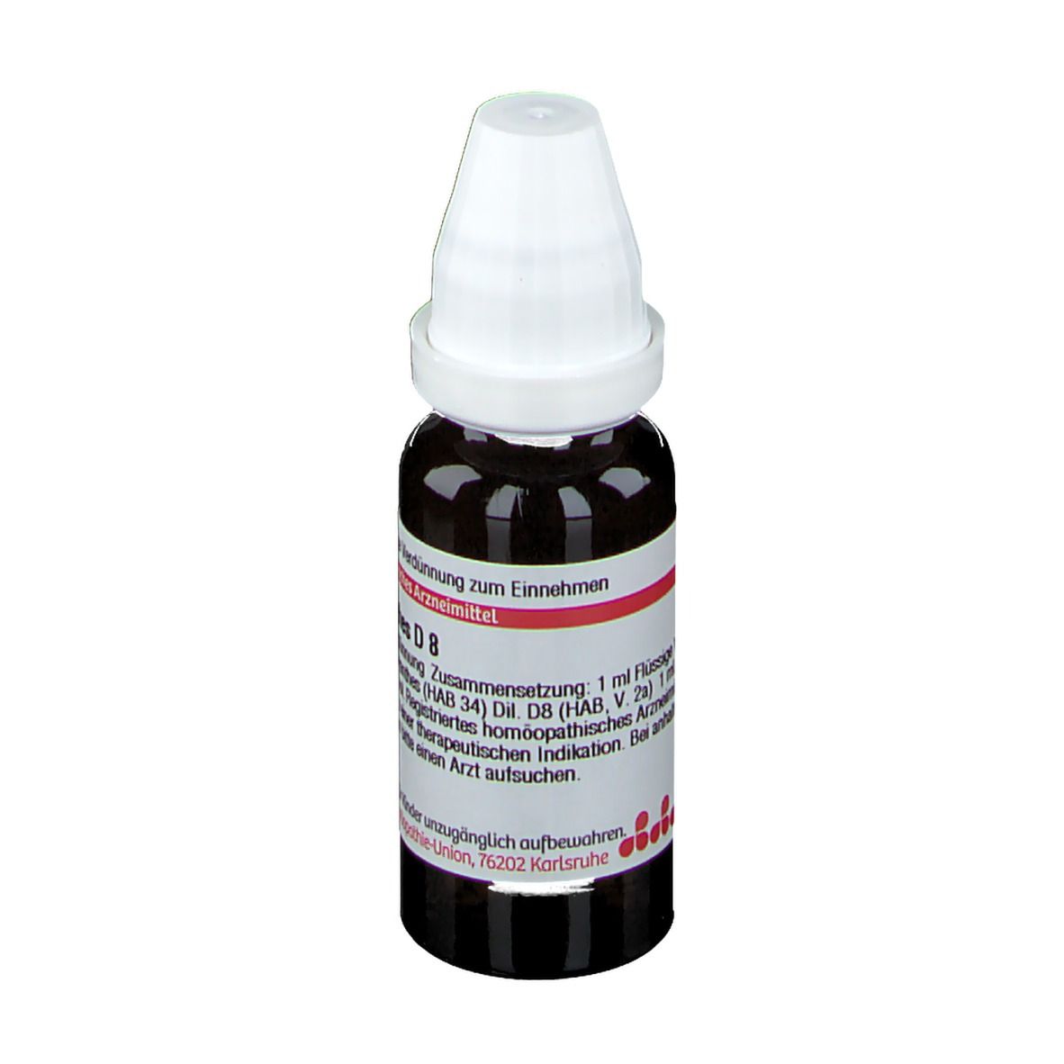 Braune Glasflasche mit weißem Verschluss. Etikett mit Produktinformationen: Menyanthes D8, 20 ml.