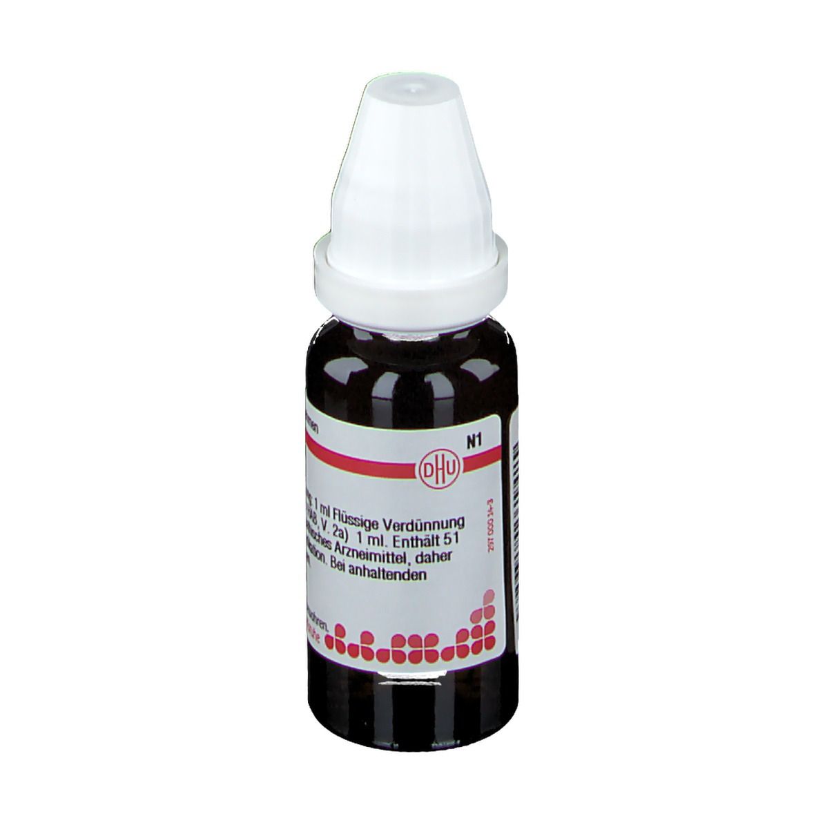 Braune Glasflasche mit weißem Verschluss. Etikett mit Produktinformationen: DHU N1.