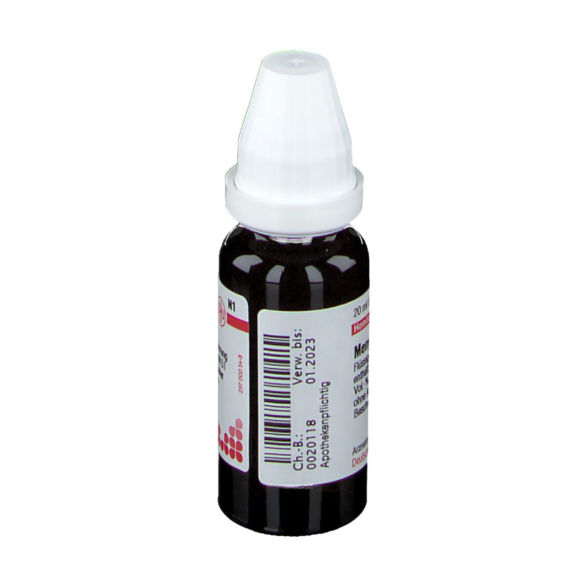 Braune Glasflasche mit weißem Verschluss. Etikett mit Barcode und Verfallsdatum 01.2023.