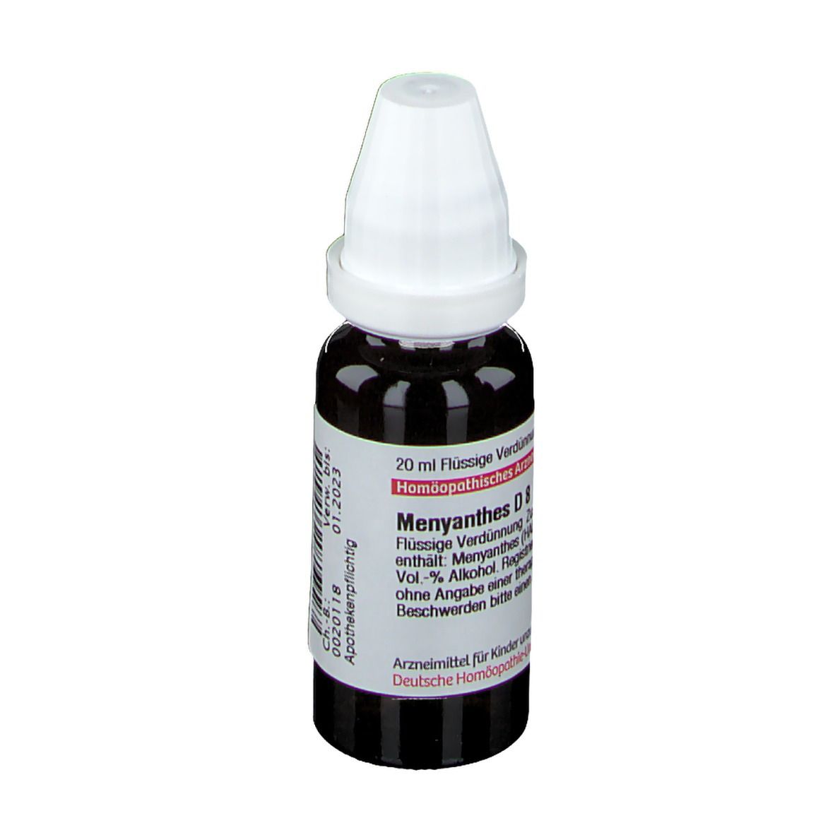 Braune Glasflasche mit weißem Verschluss. Etikett mit Produktinformationen: Menyanthes D8, 20 ml.
