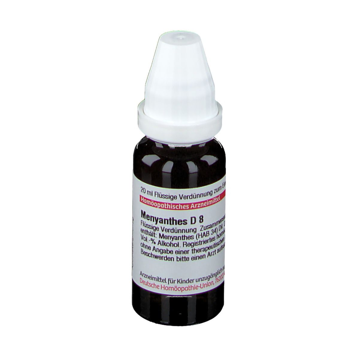 Braune Glasflasche mit weißem Verschluss. Etikett mit Produktinformationen: Menyanthes D8, 20 ml.