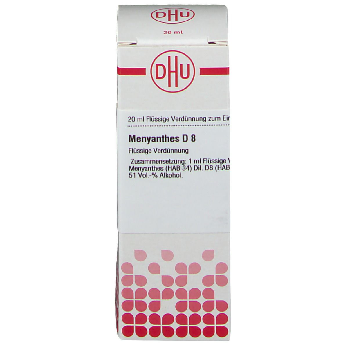 Kartonverpackung mit Produktinformationen: DHU, Menyanthes D8, 20 ml.
