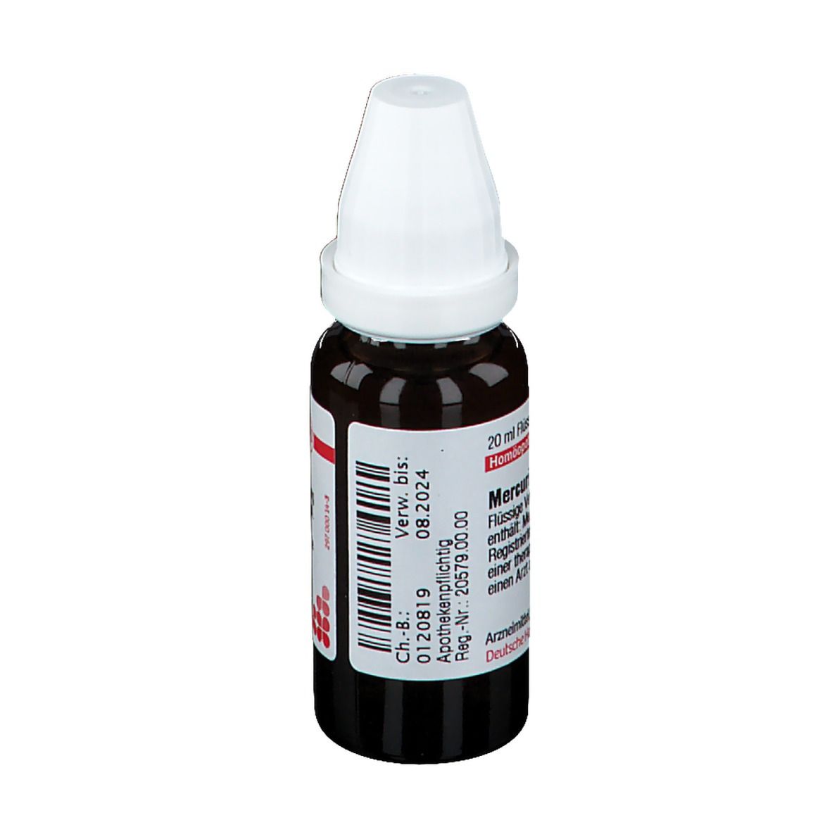 Braune Glasflasche mit weißem Deckel. Etikett mit Produktinformationen. Verfallsdatum 08.2024. 20 ml.