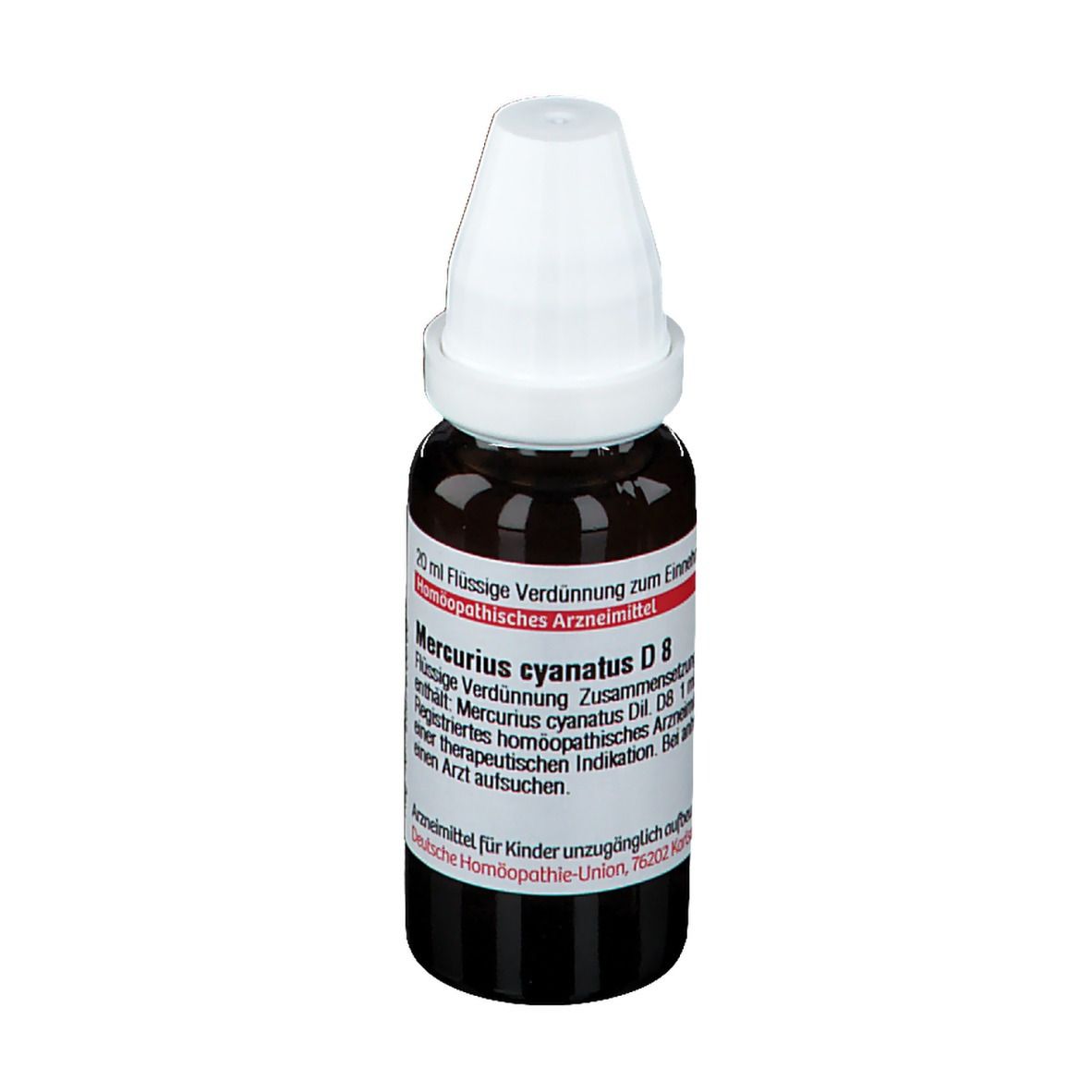 Braune Glasflasche mit weißem Deckel. Etikett mit Produktinformationen. DHU Mercurius cyanatus D8. 20 ml.
