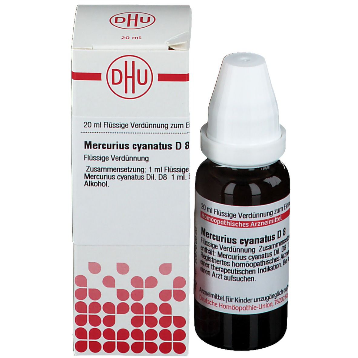 Braune Glasflasche und Schachtel. Auf der Schachtel: DHU, Mercurius cyanatus D8. 20 ml. Flasche daneben.