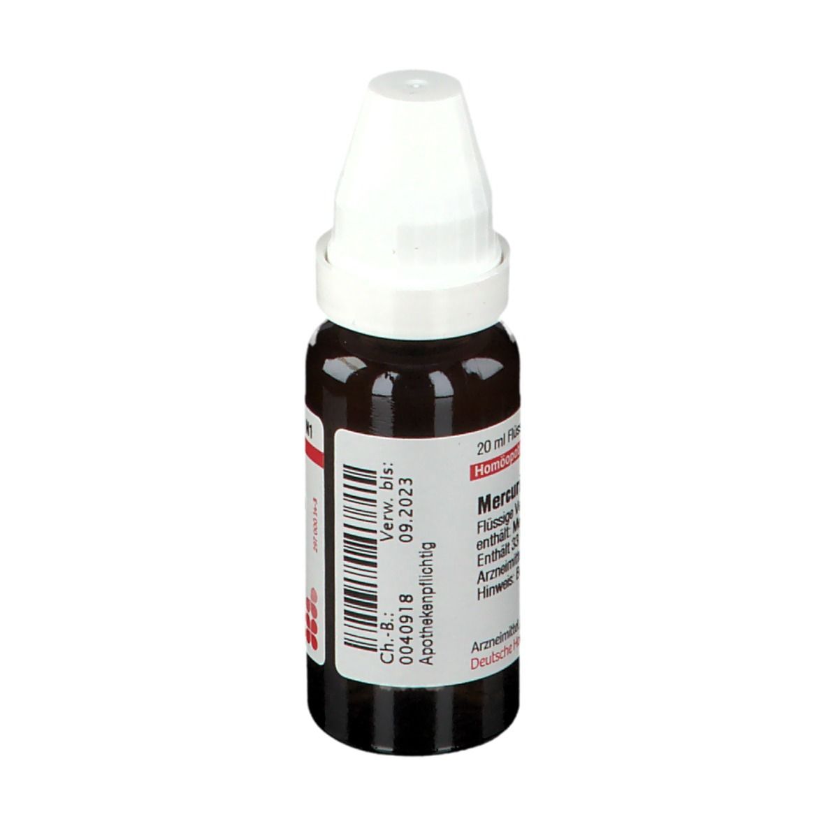 Braune Glasflasche mit weißem Verschluss. Etikett mit Produktinformationen und Verfallsdatum.
