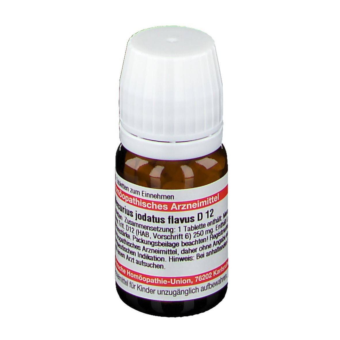 Braune Glasflasche mit weißem Schraubverschluss, Etikett mit homöopathischem Arzneimittel 'Aurum iodatum flavus D 12'.