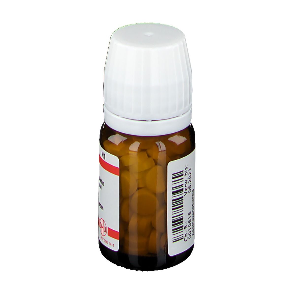 Braune Glasflasche mit weißem Schraubverschluss, gefüllt mit kleinen Kügelchen.