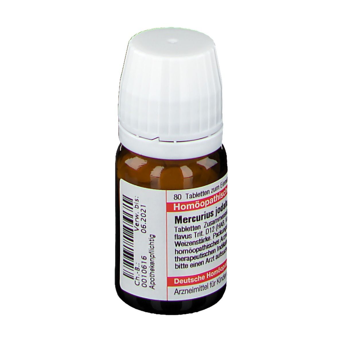 Braune Glasflasche mit weißem Schraubverschluss, enthält 80 homöopathische Tabletten Mercurius jodatus.