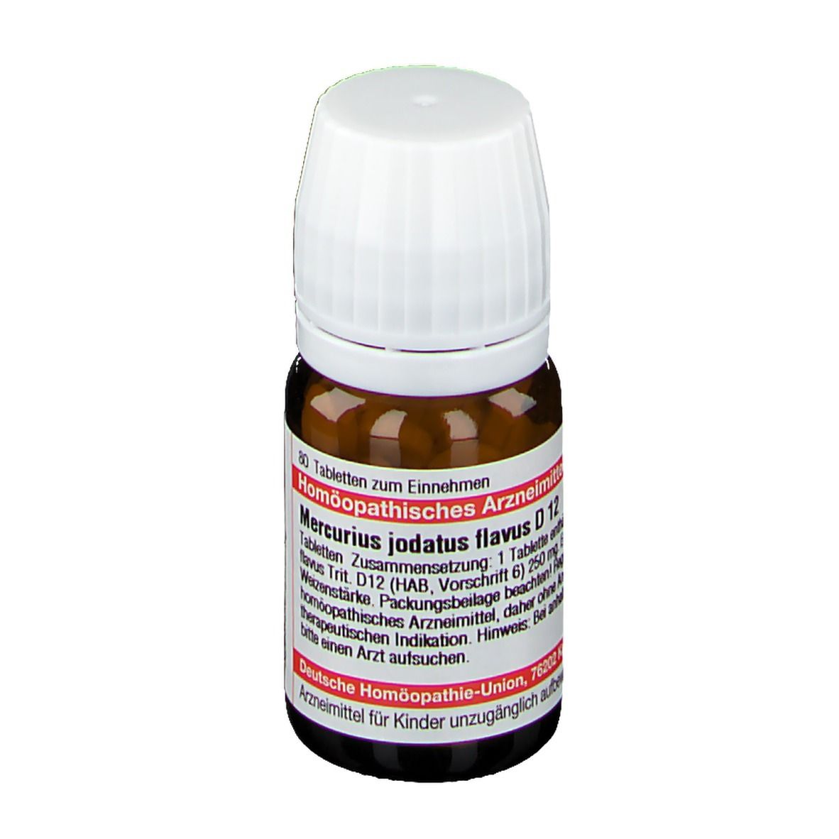Braune Glasflasche mit weißem Schraubverschluss, gefüllt mit Tabletten. Etikett mit "Mercurius jodatus flavus D12" und "Deutsche Homöopathie-Union".