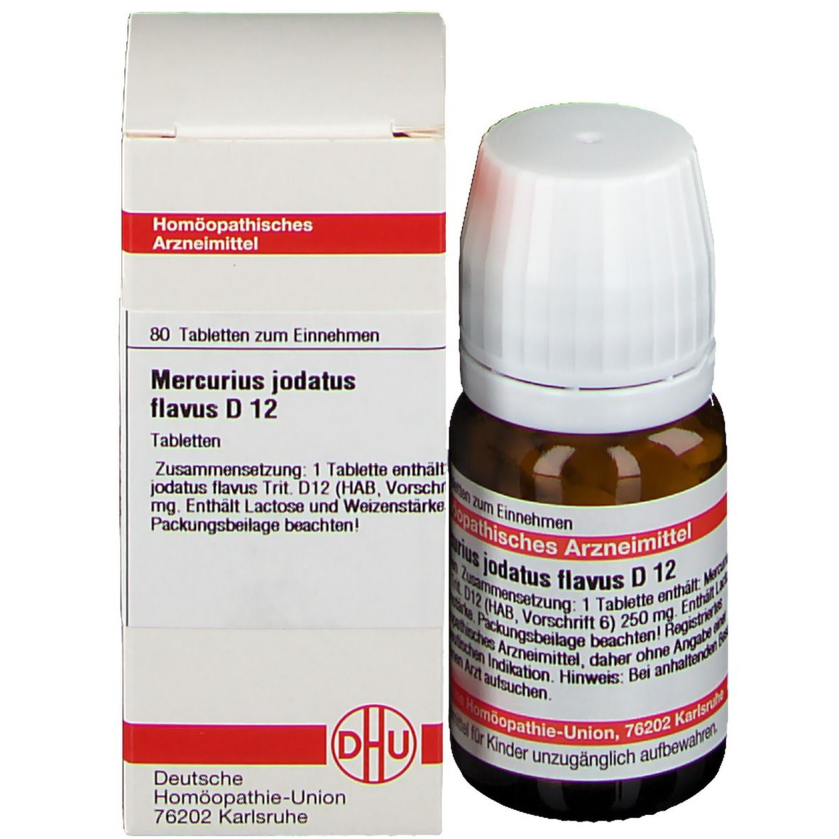 Homöopathisches Arzneimittel: 80 Tabletten Mercurius jodatus flavus D 12 in Braunglasflasche und Faltschachtel.