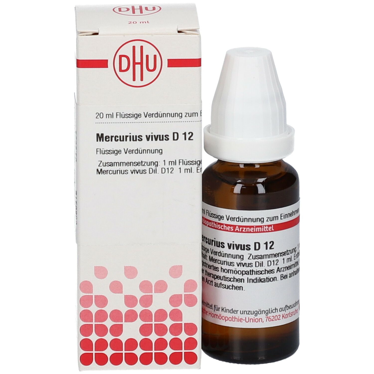 Braune Glasflasche mit weißem Verschluss und Umverpackung. Auf der Verpackung: DHU, Mercurius vivus D 12, 20 ml Flüssige Verdünnung.
