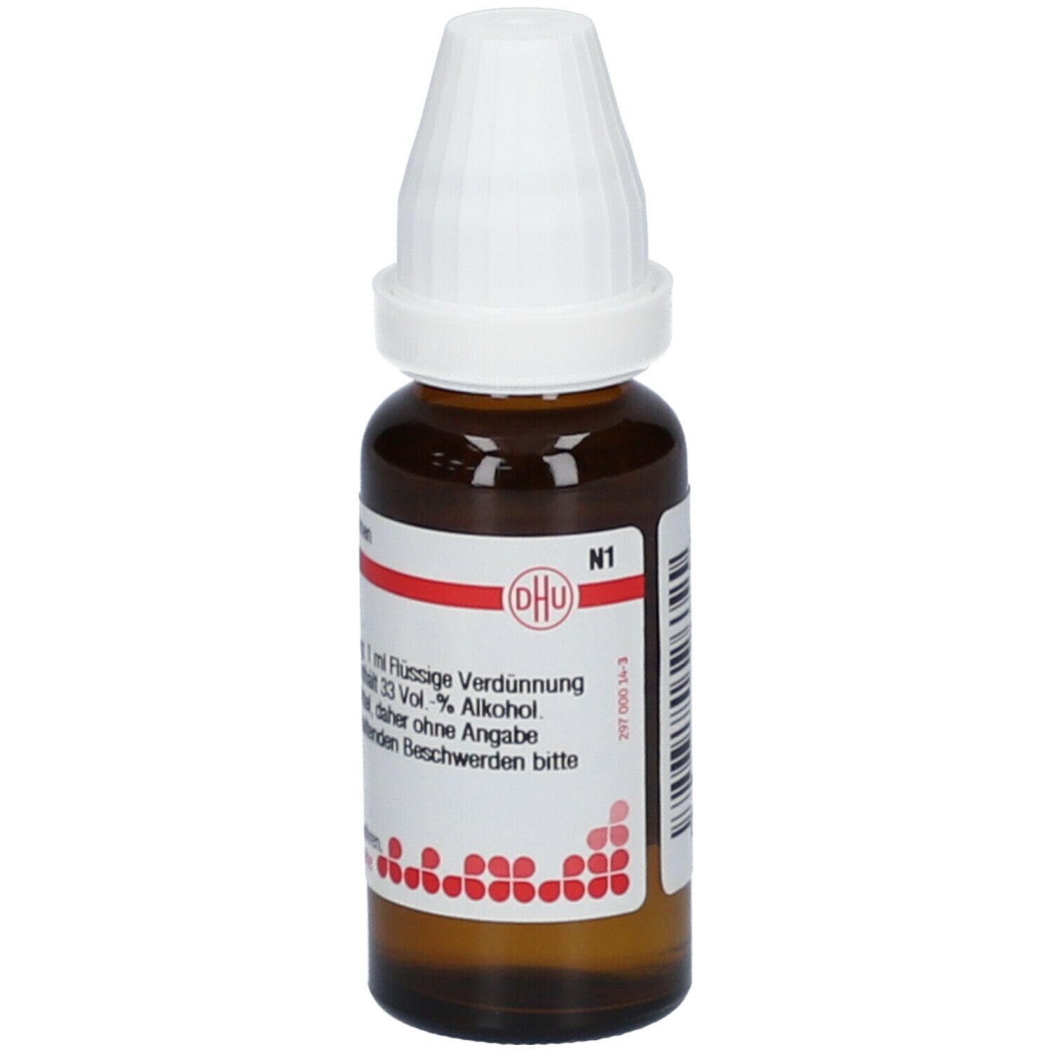 Braune Glasflasche mit weißem Verschluss. Etikett mit DHU-Logo und weiteren Informationen.