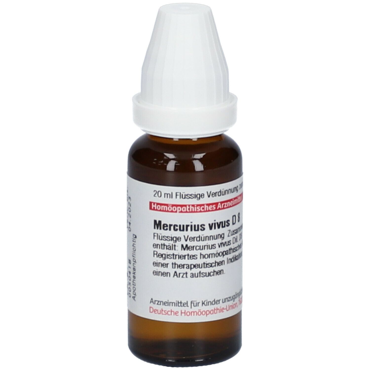 Braune Glasflasche mit weißem Verschluss. Etikett mit Produktnamen Mercurius vivus D8 und weiteren Informationen.