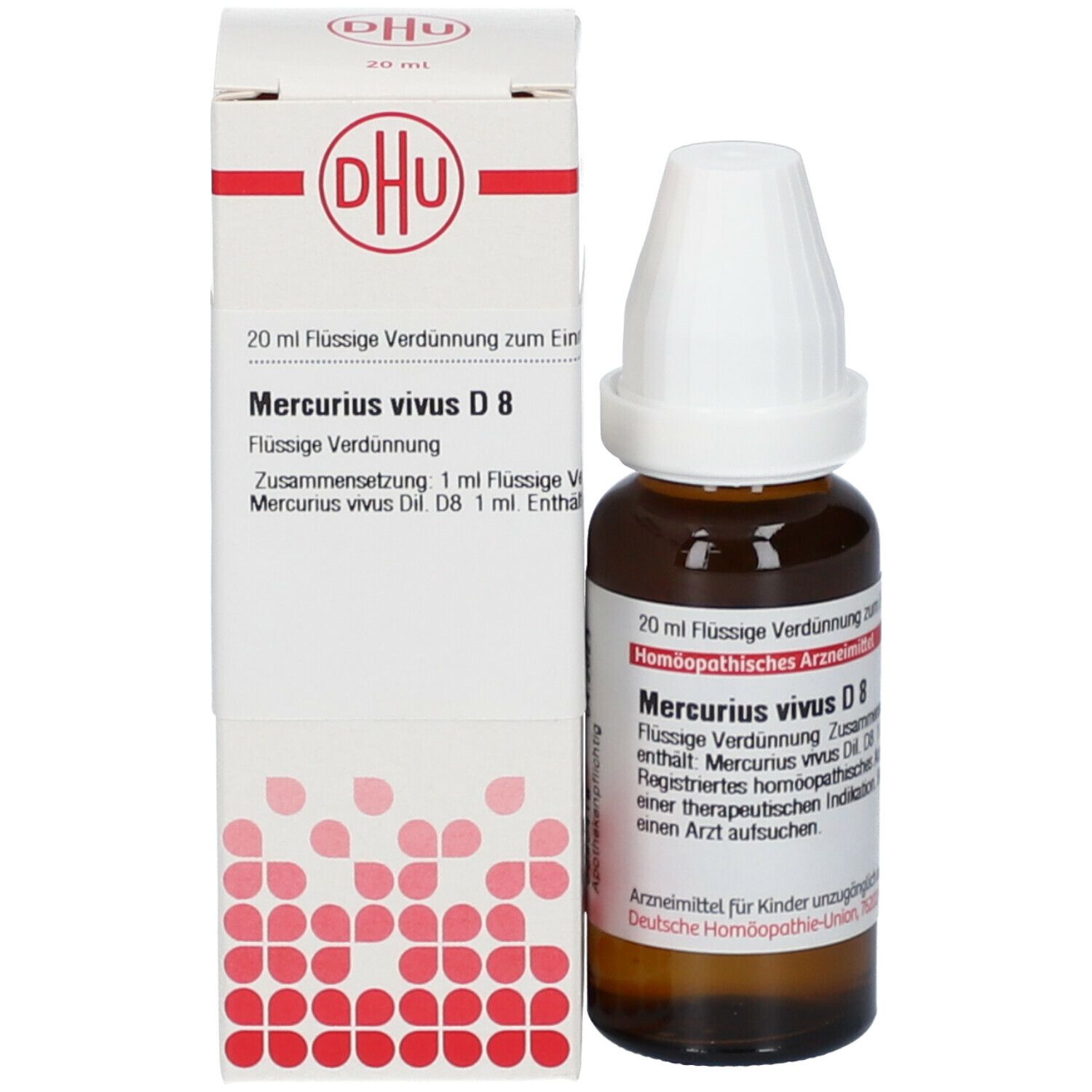 Braune Glasflasche mit weißem Verschluss und Umverpackung. Auf der Verpackung steht DHU und Mercurius vivus D8.