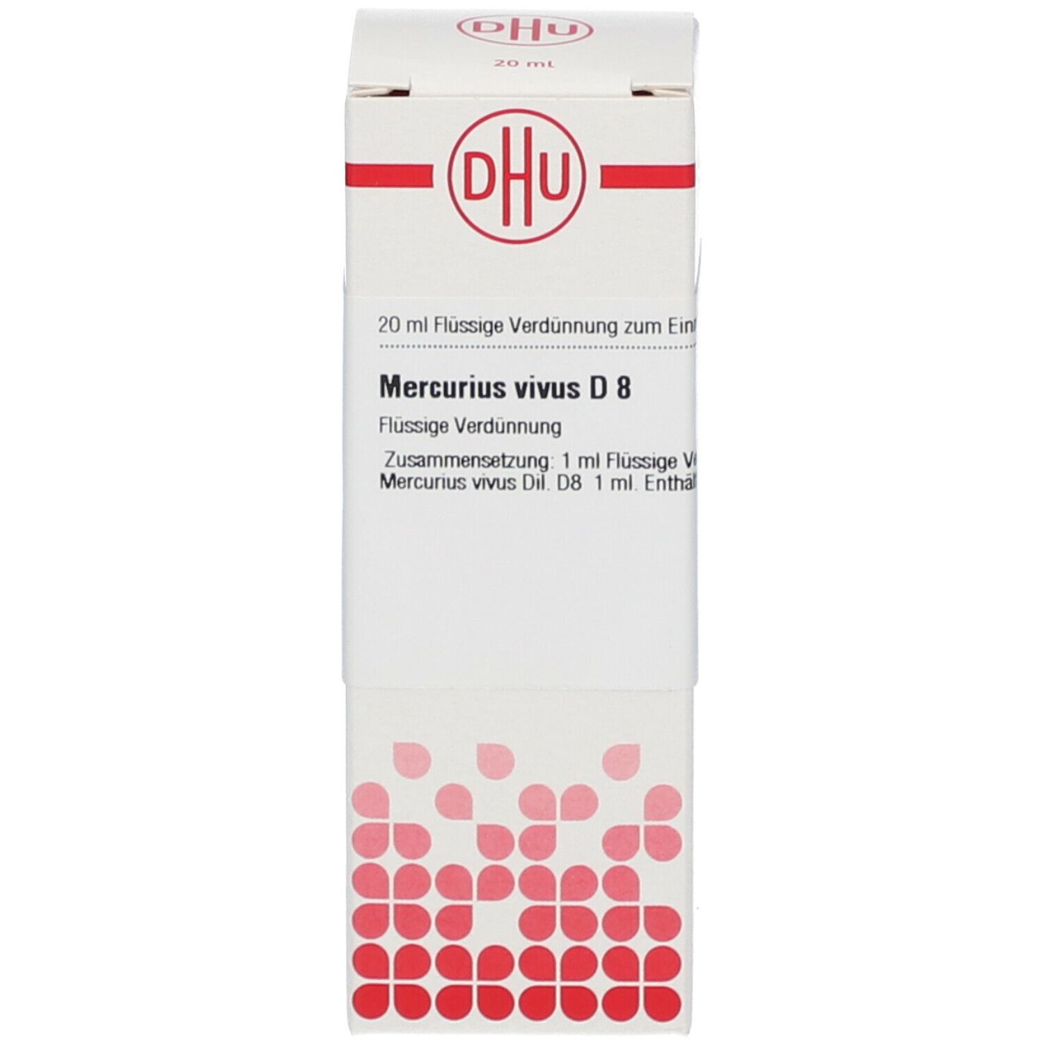 Weiße Umverpackung mit DHU-Logo und Produktinformationen. Auf der Verpackung steht Mercurius vivus D8.