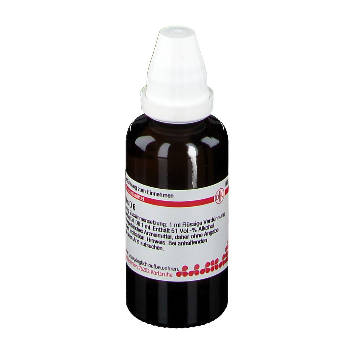 Braune Glasflasche mit weißem Verschluss. Etikett mit Produktinformationen. DHU Myrtillocactus D6.