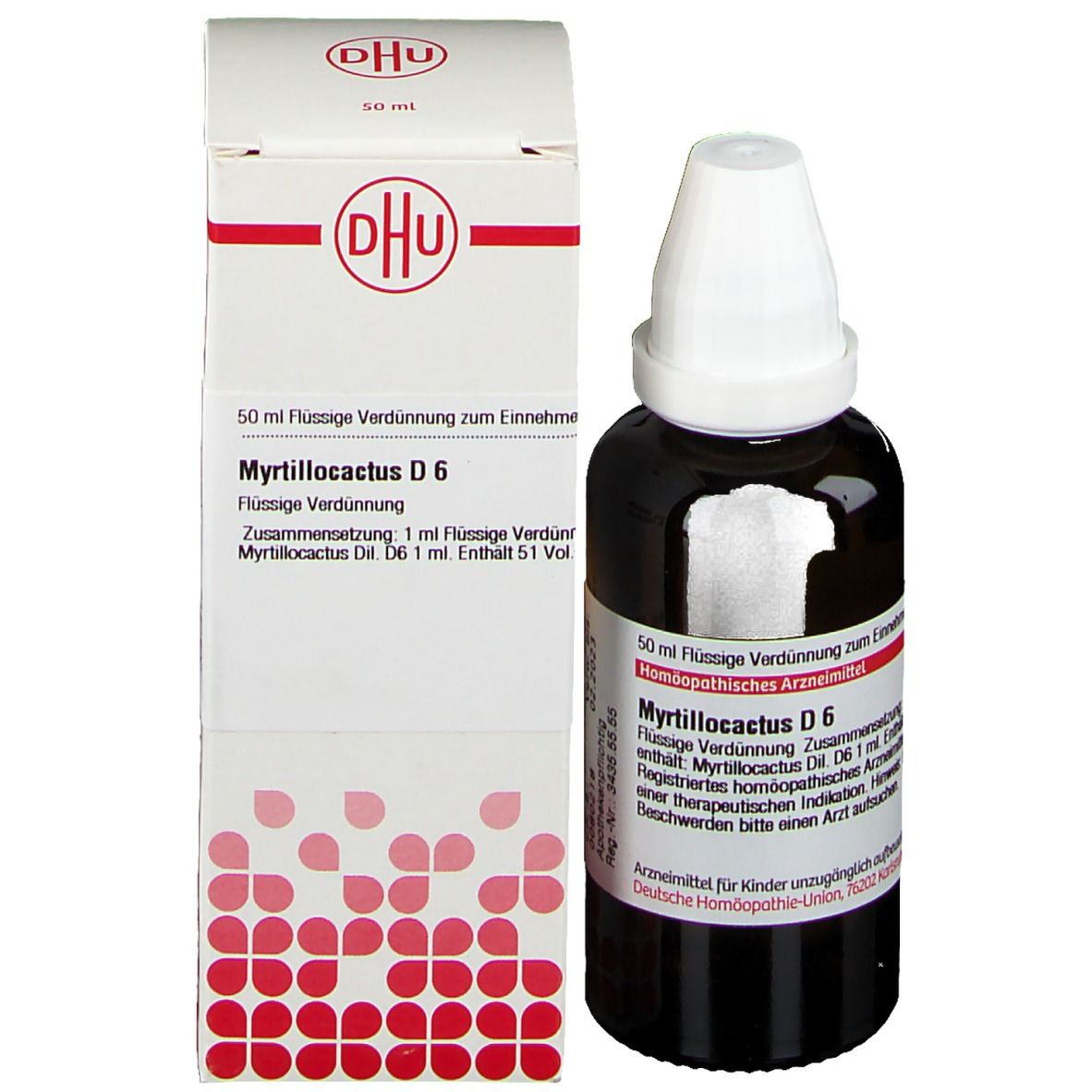 Braune Glasflasche mit weißem Verschluss und Karton. DHU Myrtillocactus D6. Produktinformationen auf Etikett und Karton.