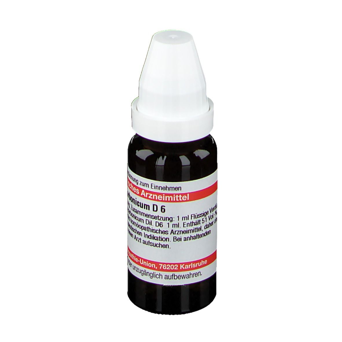 Braune Glasflasche mit weißem Verschluss. Etikett mit Produktinformationen. DHU Natrium bicarbonicum D6.