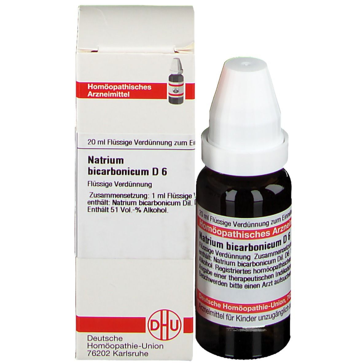 Produktflasche und Verpackung. Braune Flasche mit weißem Verschluss. DHU Natrium bicarbonicum D6.